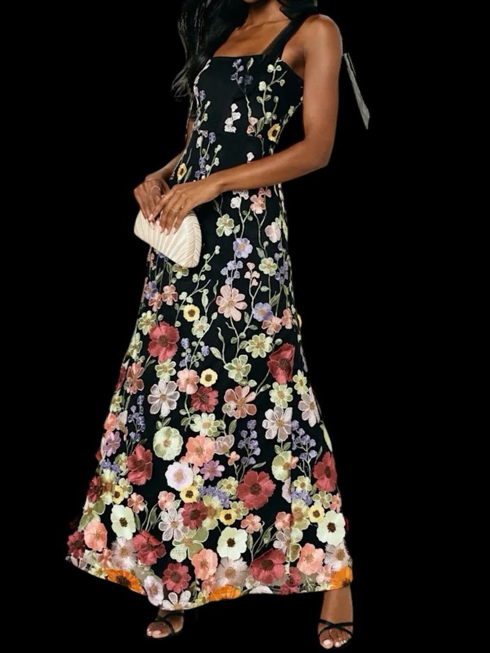 Lulus Thriving Poise Black 3D Floral Embroidered Appliqué Tie-Strap Maxi Dress